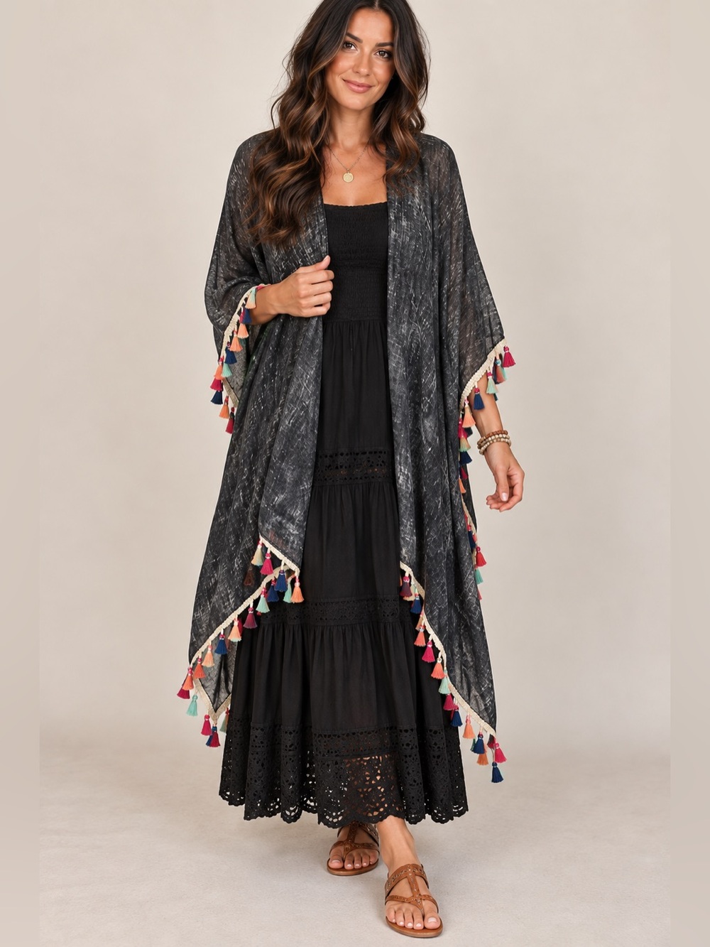 Urban Mangoz Black Boho Tassel Kimono One Size Open Front Duster